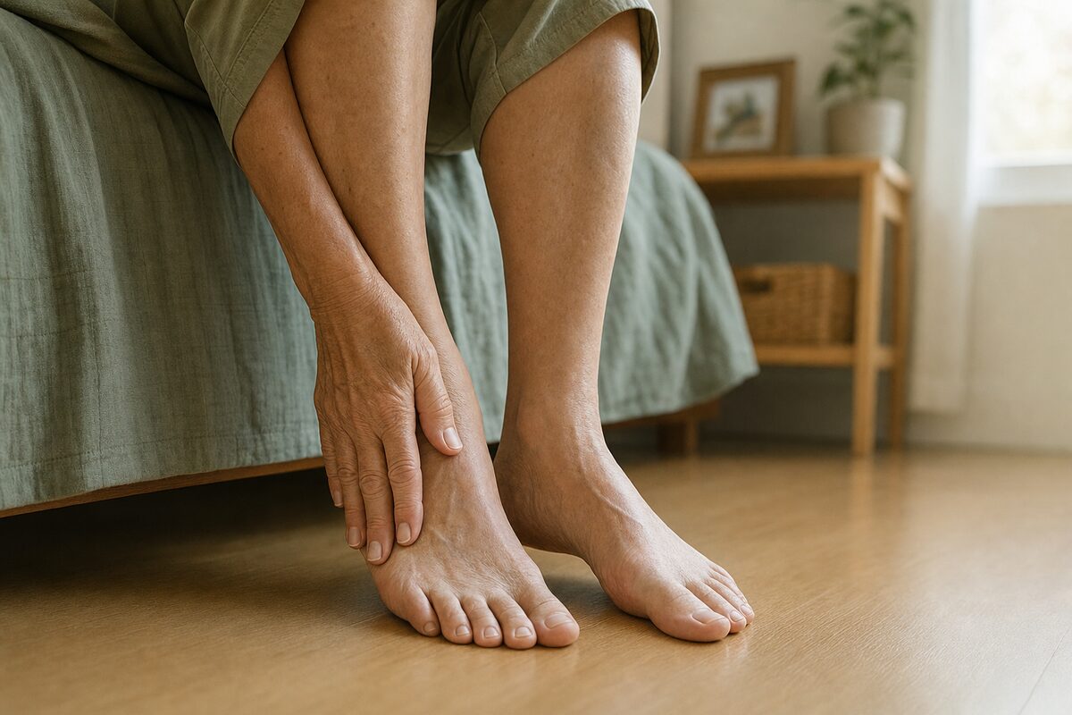 Older adult sitting on a bed, rubbing a bare foot to ease nerve pain