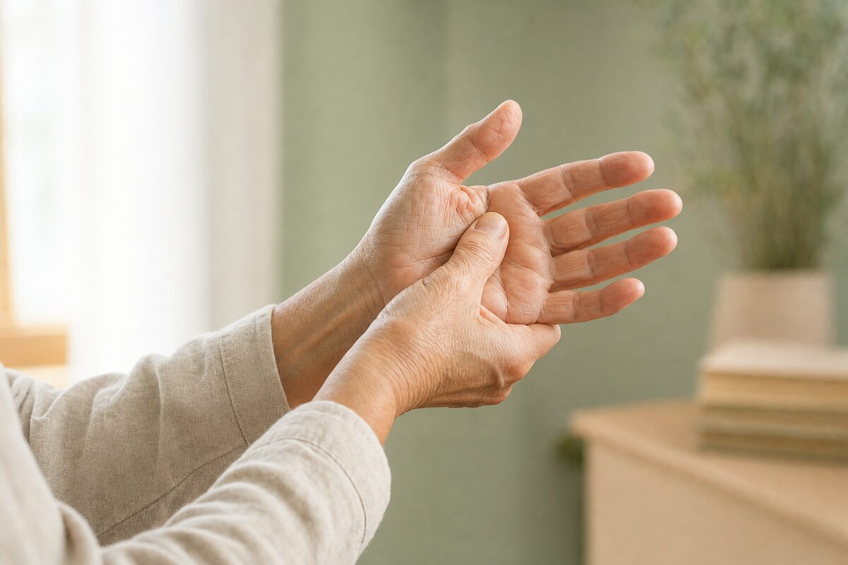 Older adult rubbing the palm of one hand to ease numbness and tingling